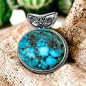 Large Turquoise Silver 925 Handmade Statement Pendant Necklace